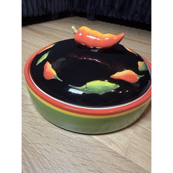 Fiesta Clay Art Other - Clay Art Fiesta Yellow Green Red Peppers Black Lidded Covered Tortilla Warmer